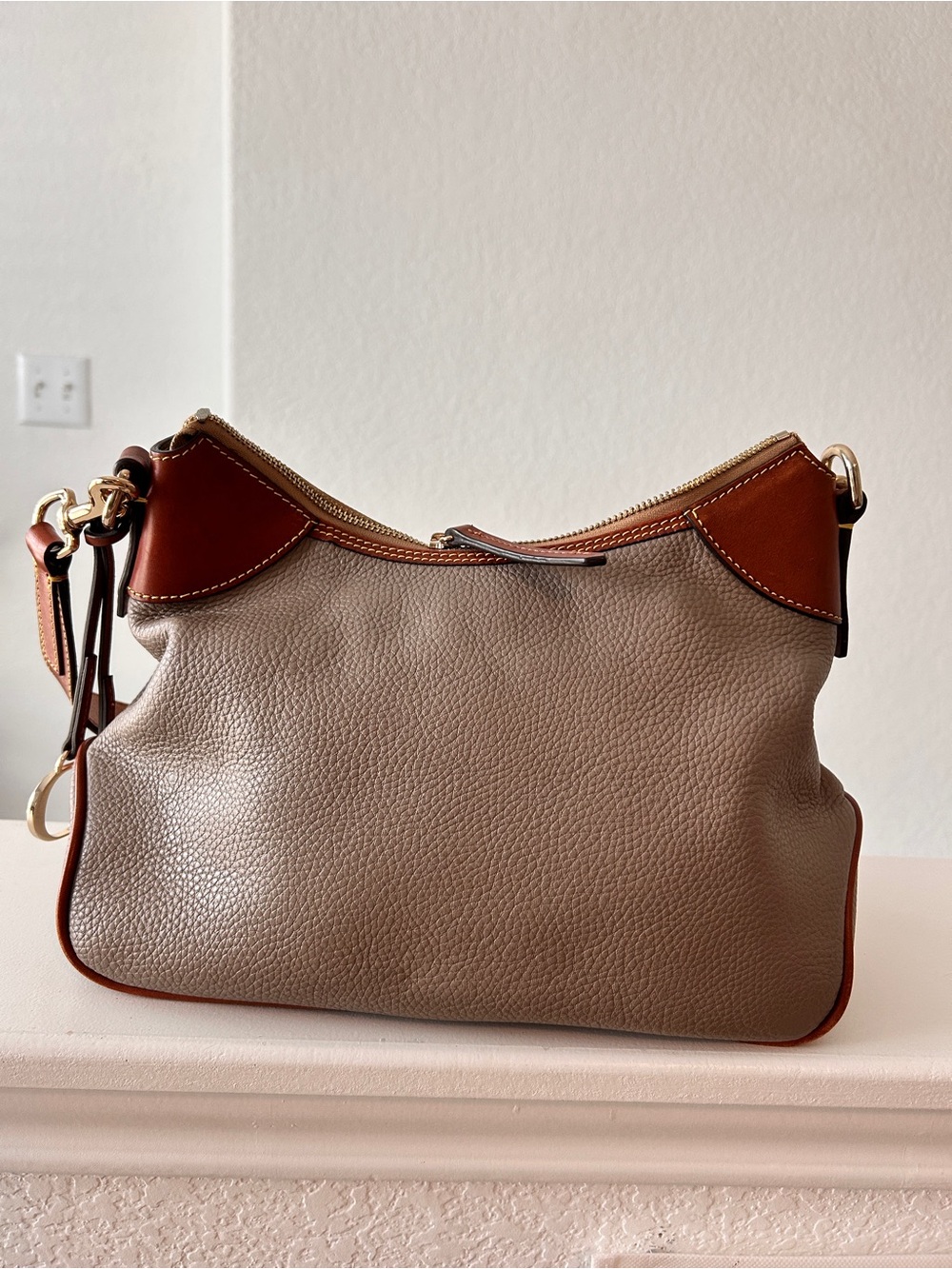 Dooney & Bourke Gray Pebble Leather Shoulder Bag with Brown Trim - Picture 3 of 4